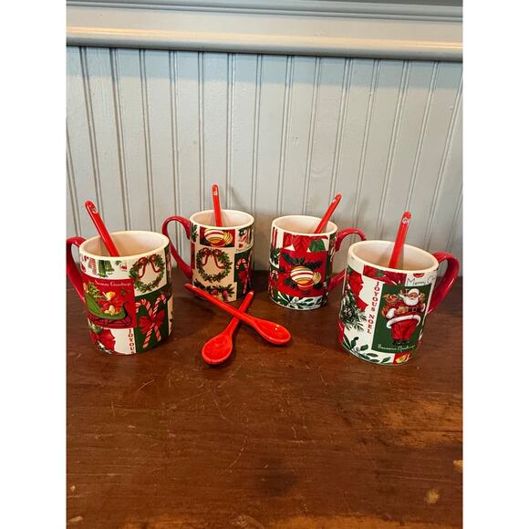 Martha Stewart Christmas Mug Set With Spoons 2000s Holiday Kitchen Decor - Picture 3 of 4
